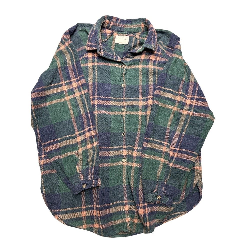 American Eagle Vintage Plaid Flannel‎ Womens M Green Navy Peach 90s Grunge Y2K